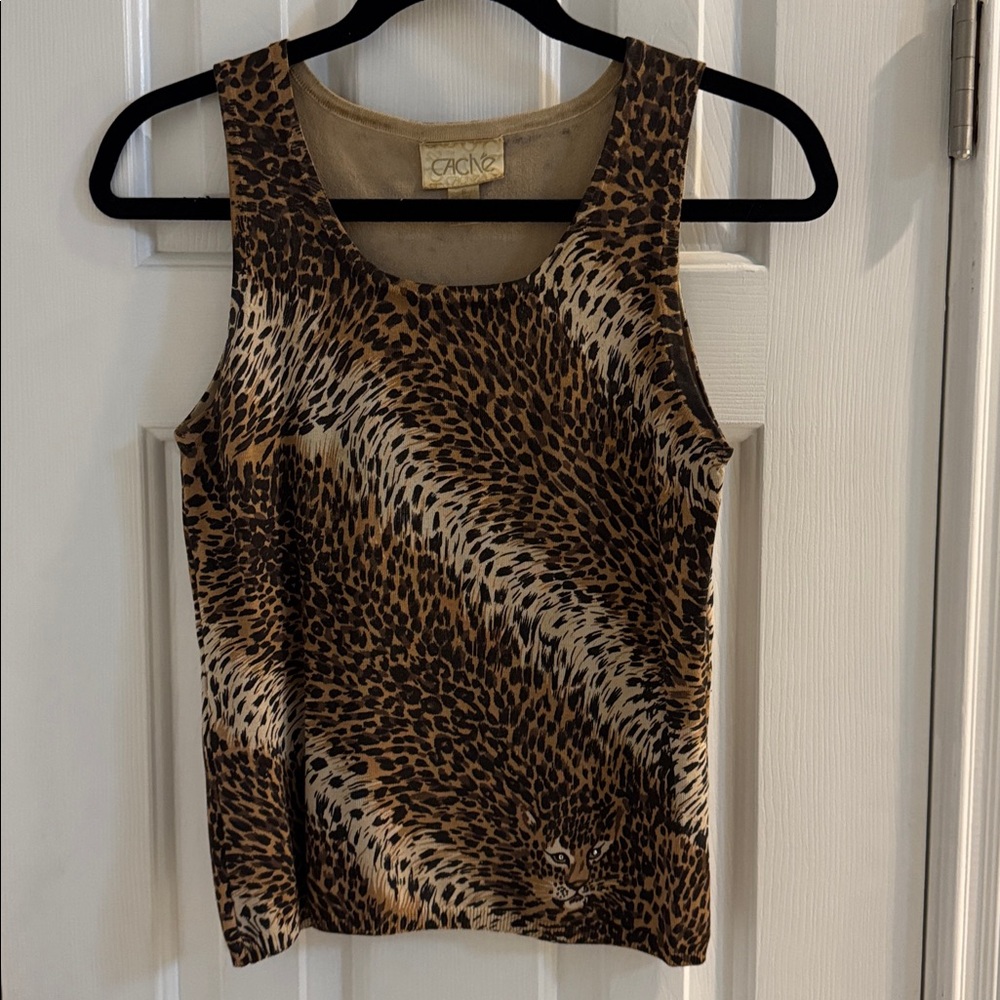 Caché Vintage Leopard Silk Blend Cardigan & Top w/ Leopard Face & Crystal Eyes - Picture 9 of 12